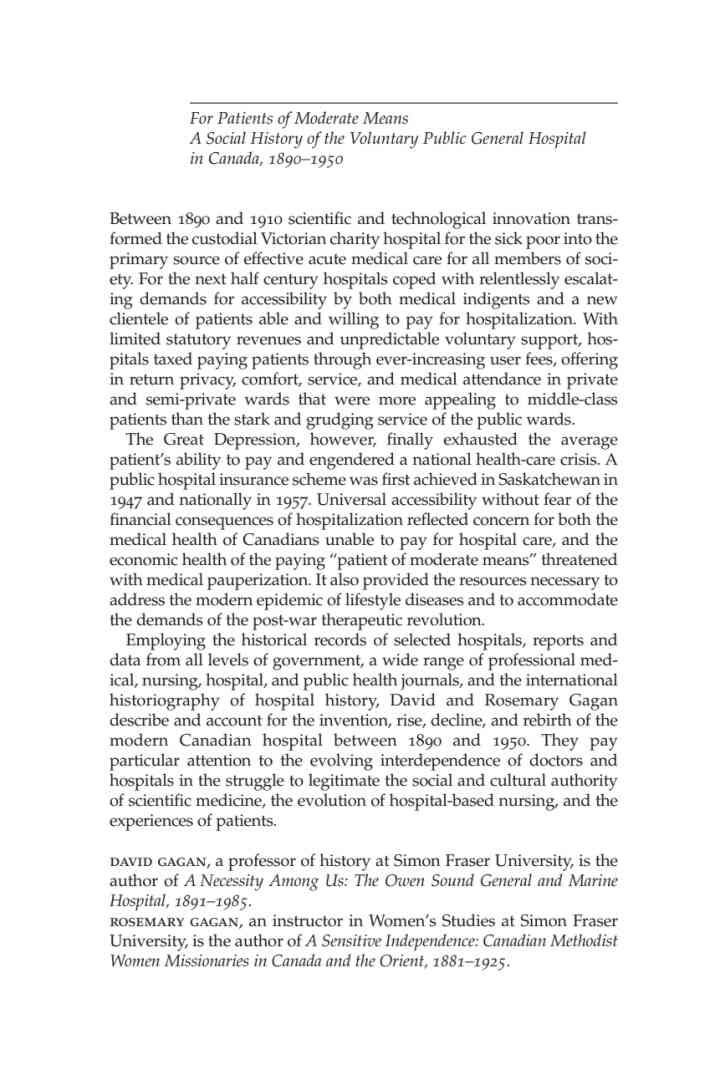 For Patients of Moderate Means: A Social History of the Voluntary Public General Hospital in Canada, 1890-1950