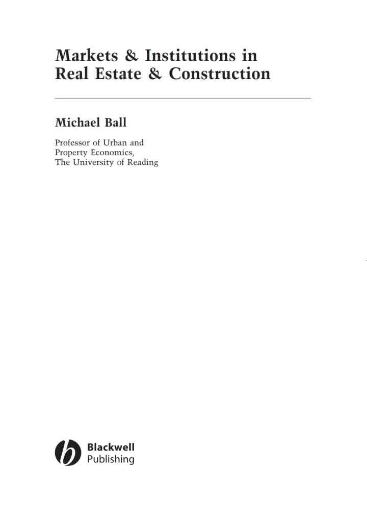 Markets and Institutions in Real Estate and Construction, 1st Edition