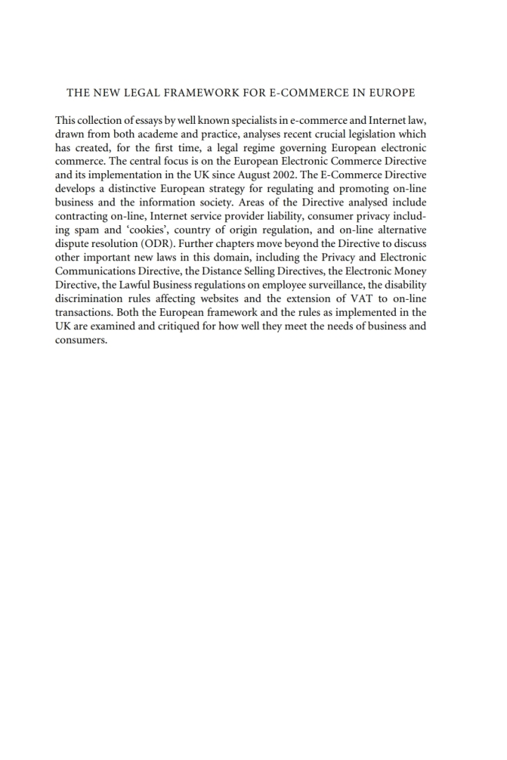 The New Legal Framework for E-Commerce in Europe: Reasonable Disagreement and the Law